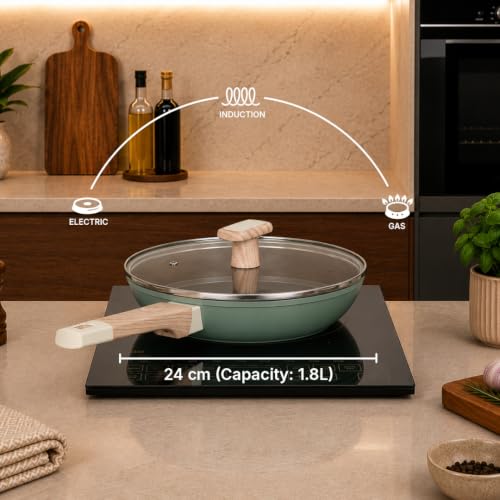 Image of Kreme Ceracook Ceramic Coated Granite Fry Pan 1.8L /24cm with Glass Lid, ISI Certified Frying Pan, Forged Aluminium, Gas & Induction Use, Non Toxic, PFAS & PTFE Free, 1 Year Warranty, Olive Green