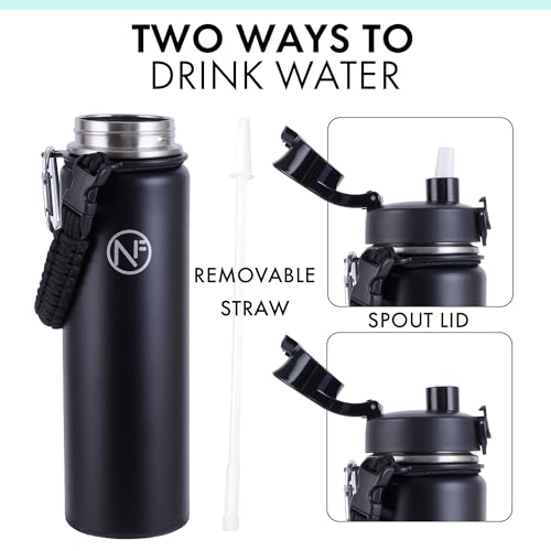 Newfad 32 oz Insulated Water Bottle With Detachable Straw & Paracord Handle, Stainless Steel Thermos Water Bottle with Leakproof Lockable Lid, BPA-Free Sports Bottle (Black)