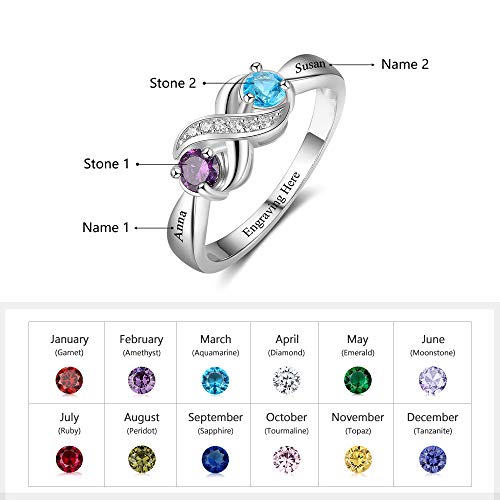 925 Sterling Silver Personalized Infinity Mothers Rings with 2 Round Simulated Birthstones Custom Engraved Engagement Promise Rings for Women2