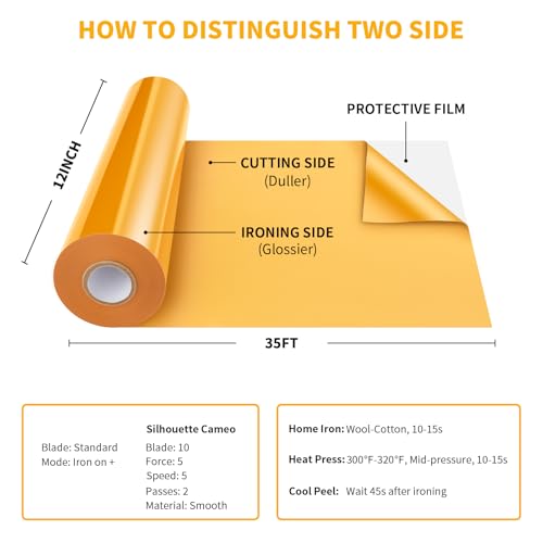 VinylRus Heat Transfer Vinyl-12” x 35FT Melon Yellow Iron on Vinyl Roll for Shirts, HTV Vinyl for Silhouette Cameo, Easy to Cut & Weed by VinylRus - Image 6