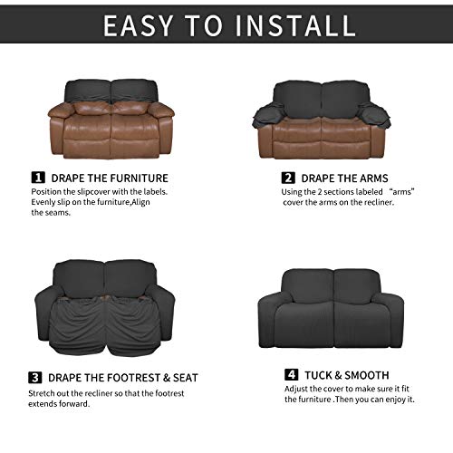 Image of Easy-Going 2 Seat Recliner Loveseat Cover for Dogs- 6 Pieces Stretch Sectional Recliner Sofa Slipcover for 2 Cushion Couch, Washable Furniture Protector with Elasticity (Recliner Loveseat,Dark Gray