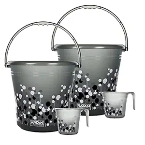 RATAN PLASTICWARE Frosty Bubble Print Pack of 4 Bathroom Bucket Combo Set (20L Bucket X 2/1.5L Mug X 2) - Smokey