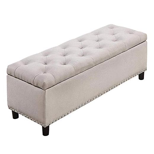 BAKAJI Cassapanca Pouf Contenitore Poggiapiedi per Camera da Letto Panca Sgabello con Struttura in Legno Rivestimento in Tessuto Seduta Apribile Imbottita Dimensioni: 121 x 42 x 43 cm (Beige)