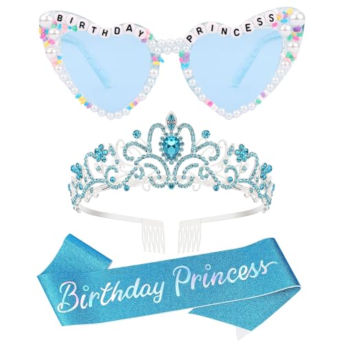 VELSCRUN Sky Blue Birthday Princess Glasses, Birthday Princess Sash Tiara Crown for Women Girls, 3 Pcs Elegant Tiaras Crowns Hair Accessories Happy Birth Party Decorations Girls Gifts