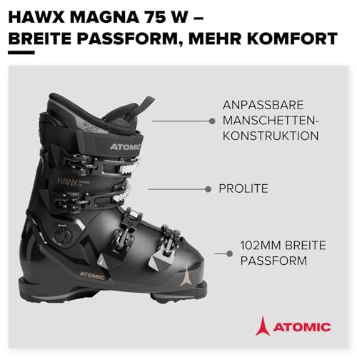 ATOMIC HAWX Magna 75 W Skischuhe in Schwarz/Gold - Größe 42/43 - Breite Ski-Boots mit 102 mm Passform & 75er-Flex - Hochwertige Ski-Schuhe mit Prolite-Konstruktion
