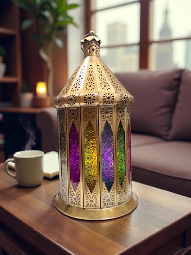 Farol Decorativo de Metal, Diseño Marroquí, Multicolor, con Paneles de Vidrio Tintado, 40 x 20 cm, Lámpara de Mesa Estilo Linterna (25 * 10CMS)