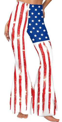 Flaminet American USA Flag Bell Bottom Pant for Women 4th of July Stretch Yoga Flare Pants