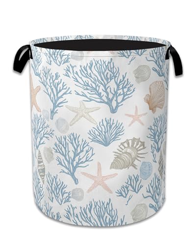 Image of Starfish Coral Shells Laundry Hamper With Handle,Foldable Oxford Cloth Ocean Laundry Basket,20.8 inchx16 inch Clothes Storage Basket for Laundry Room /Bedroom /Bathroom
