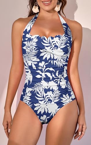 Image of Eomenie Women One Piece Tummy Control Swimsuit Halter Scallop Trim Bathing Suits 1 Piece Vintage Ruched Slimming Swimwear
