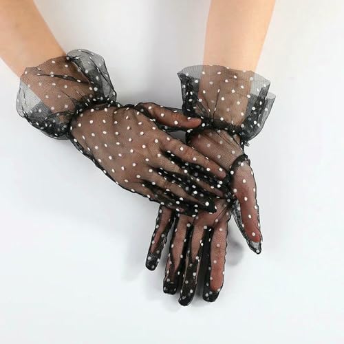 Guantes de malla elástica largos tipo tul fino transparentes con lunares 4