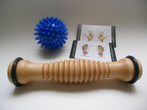 Touch Me Wooden Foot Roller and Porcupine Massage Ball and Reflexology Charts, Foot Massager Combo for Reflexology, Feet Relief (Massage Ball for Neck/Back Tension Relief)