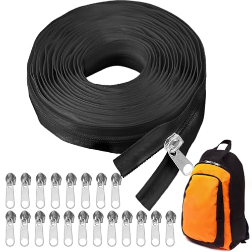 Endlosreißverschluss mit 20 Zipper #5 10m Reißverschluss Meterware Nylon Reißverschluss Endloses 3.2cm Breit Endlos Reissverschluss mit Zipper für Kleidung Bettwäsche Kissen Schwarz
