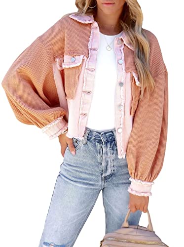 chouyatou Women's Cropped Waffle Knit Jacket Boyfriend Button Down Shirt Shacket Tops