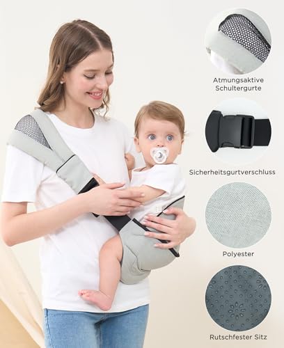 GAGAKU Kindertrage Seitlich Babytragetuch Trage Baby mit Rutschfestem Hüftsitz Tragetuch Kleinkind Hüfttrage Kleinkindtrage Ergonomischer Tragehilfe Babytrage ab 6 monate- Hellgrau