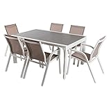 CARACTERÍSTICAS:Tamaño: Mesa: 160/210 cm de ancho x 105 cm de largo x 75 cm de alto.Sillón: 56 cm de ancho x 66 cm de largo y 90 cm de alto.Color: Blanco y taupé.Material: Aluminio y textilene.Cristal: Mate, antirayaduras y templado de 5 mm, color taupé.