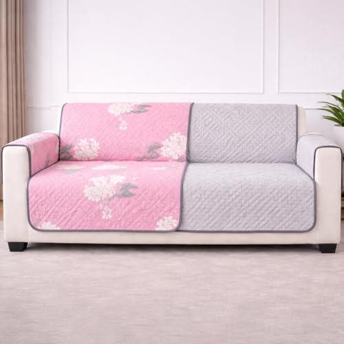 Image of STITCHNEST 'Double Vie Collection Series' Cotton Quilted Reversible Sofa Cover 2 Seater with Arm Rest and Pocket | Size 48x60 Inch