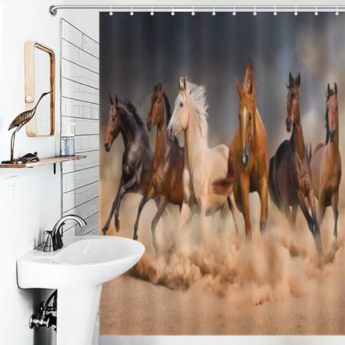 Rideau de douche cheval 140x183 cm en polyester imperméable lavable avec 12 crochets