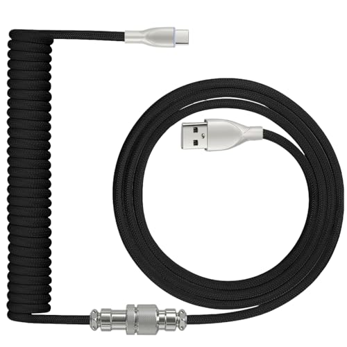 PXIRQ Coiled Keyboard Cable: 1.5M USB-C to USB-A Braided Cord with Detachable Aviator Connector Durable & Tangle-Free for Custom & Mechanical Gaming Keyboards (Black)