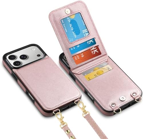 Vofolen for iPhone 17 Pro Wallet Case with Card Holder Crossbody Adjustable Strap Magnetic Clasp Heavy Duty Protective Leather Flip Phone Cover for iPhone 17Pro for Women, Rose Gold