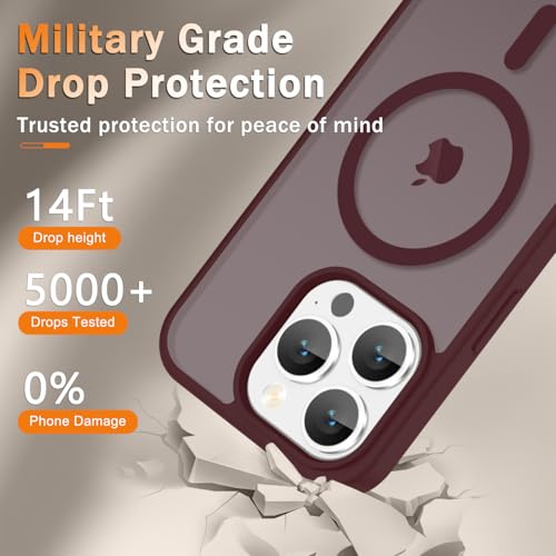 Image of YENAPOON for iPhone 15 Pro Max Case, Matte Magnetic Phone Cover [with 1 Screen Protector] [Support for MagSafe] [Shockproof Military Grade Protection] Translucent Frosted Back, Wine Red