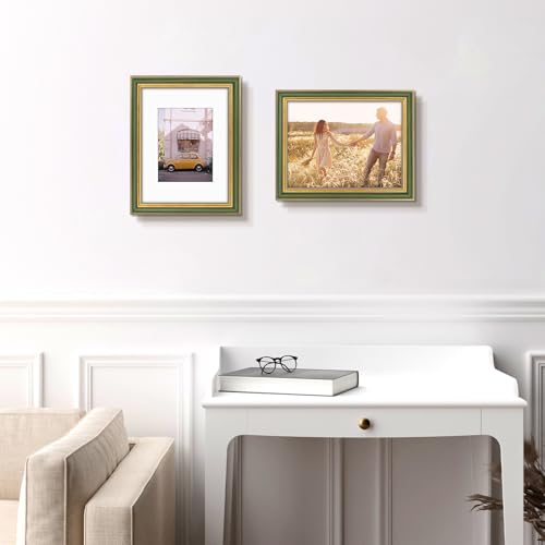Image of Golden State Art,9x12 Ornate Picture Frame Holds 6x8 Photo,Green Gold | Includes real glass front,white mat,build-in hangers and buttons.Displays 6x8 photo on wall