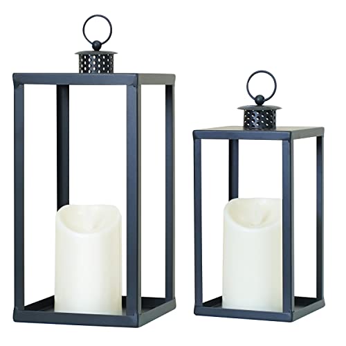 Hpc Decor Black Metal Candle Lanterns Set Of 2- Lanterns Decorative With Flickering Led Candles- 13'' & 10'' Chunky Modern Farmhouse Candle Lanterns For Indoor, Outdoor, Tabletop (No Glass) #TOP6