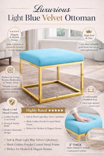 Image of Square Metal Ottoman /Sitting Stool /Living Room Furniture /Office, Velvet Footstool /Footrest Pouffes Home Decor (Sky) - 30.48 Cm, 38 Cm