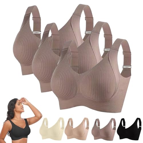 3 Piezas Sujetador Sin Aros Mujer Suave 2025 Sujetadores De Forma Seamless Ligero Base Top Corsé Espalda Desnuda Push Up Sujetador Lactancia Cómodo Bra Gimnasia Correas Ajustables, Café+café+café