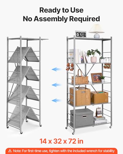 Image of VEVOR 5-Tier Foldable Storage Shelf, 32W x 14D x 72H Inch Folding Metal Rack Shelving Unit, Heavy Duty No Assembly Organizer Shelf with 5 Wheels & 4 Hooks for Pantry, Kitchen, Garage, Basement, Grey
