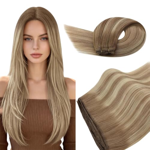 Image of Ugeat Sew in Hair Extensions Real Human Hair, Human Hair Extensions Sew in 22 Inch 100g, Hair Weft Extensions Double Weft, Light Brown Balayage Platinum Blonde