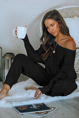 PRETTYGARDEN Two Piece Sets for Women Fall 2025 Ribbed Knit Off Shoulder Tops Lounge Pants Tracksuit Fashion Clothing4