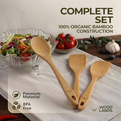 Image of Prime Bamboo Wooden Spoons for Cooking Set of 3 Pcs - Wooden Cooking Utensils with Long Handle, Includes Flat Wood Spoon, Bamboo Spatula, and Slotted Spoon for Kitchen Utensils Set