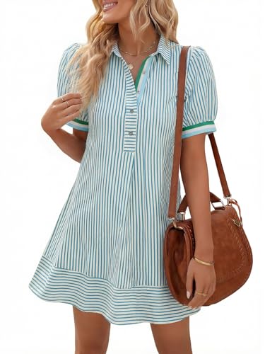 Wenrine Womens Summer Striped Mini Dresses Puff Short Sleeve Loose