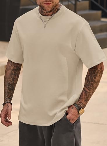 Mens Casual Fitness Top Short Sleeve Hombre Camiseta Stretch Cotton Crewneck Oversized Gym Thick Baggy Hiphop Cool Tee Khaki XL3