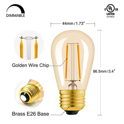 Hizashi S14 String Light Bulbs, Amber 2200K, 25 Watt Shatterproof S14 Replacement Light Bulbs, E26 Base Edison Bulbs For Outdoor String Lights, Waterproof Dimmable 2W Led Bulbs, Ul Listed, 6 Pack #TOP1