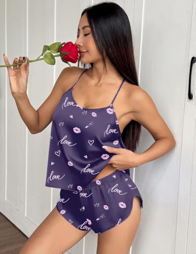 Image of Ekouaer Silk Pajamas Set for Women Satin Backless Lingerie Pjs Cami Top and Shorts Nightwear