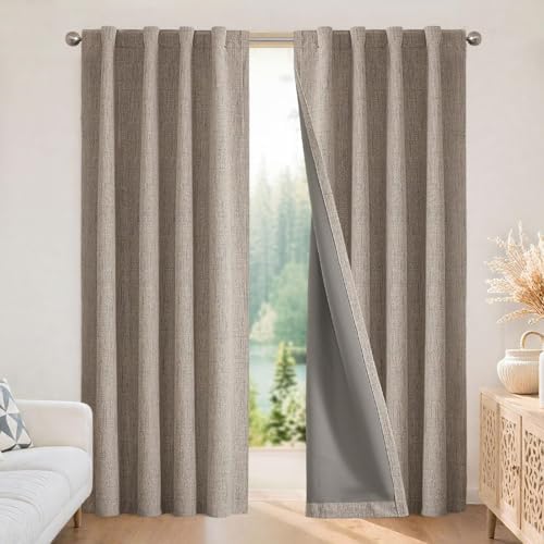 Joydeco 100% Blackout Curtains for Bedroom - Nature Linen 84 Inch Long Light Blocking 2 Panels Set, Rod Pocket & Back Tabs Living Room Drapes, Thermal Insulated Room Darkening Window Curtains