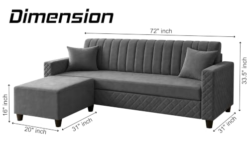 Image of 3 Seater Velvet Sofa with Ottoman | Modern Upholstered Couch | Quilted Design | Soft Comfortable Seating | Sturdy Wooden Frame | Living Room, Office - Grey