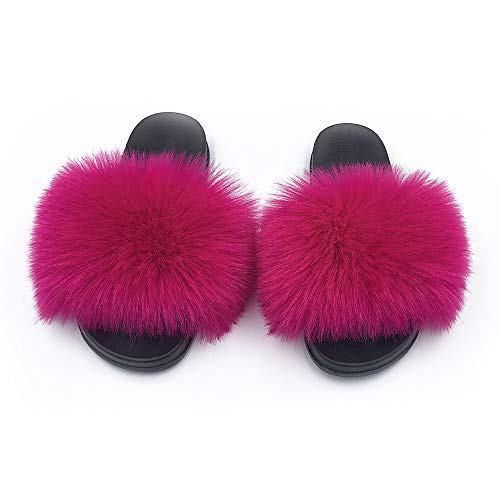 Image of Women's Faux Fur Slides Slippers Fluffy Fuzzy Sandals Open Toe Furry Slide Flip Flop Indoor Outdoor