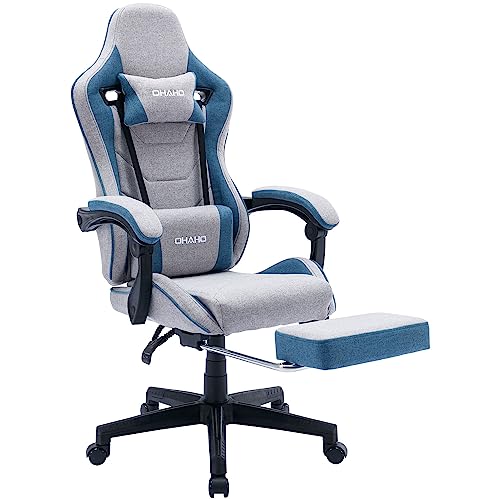 OHAHO Gaming Chair Racing Office Desk Chair Linen Gaming Chairs with Footrest for Adults Ergonomic Swivel Game Chair with Headrest and Lumbar Massage Support (Grey/Blue) OHAHO Gaming Chair Racing Office Desk Chair Linen Gaming Chairs with Footrest for Adults Ergonomic Swivel Game Chair with Headrest and Lumbar Massage Support (Grey/Blue)