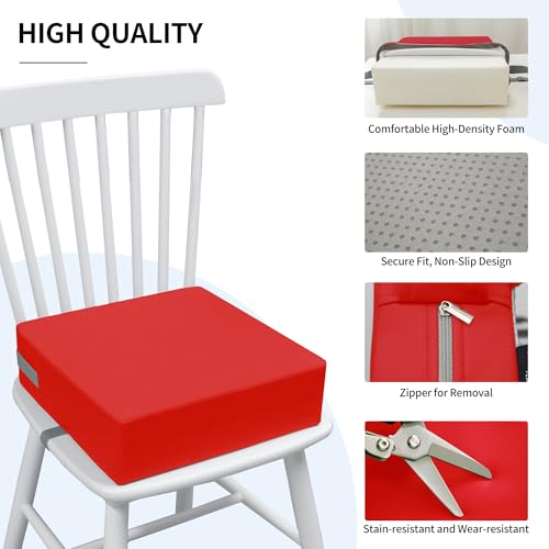Image of Eiury Booster Seat for Kitchen Chair, Toddler Booster Seat for Dining Table, Waterproof PU Leather Kids Seat Cushion with Adjustable Straps, Non-Slip Bottom, Wipeable Seat Pad,Red