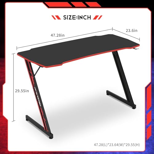 Image of 47 in Z-Shaped Home Computer Desk with Hook - Large Gaming Table for Work & Study, PC Gaming Workstation with Carbon Fiber Surface, Sturdy Metal Frame, Stable and Durable, Red