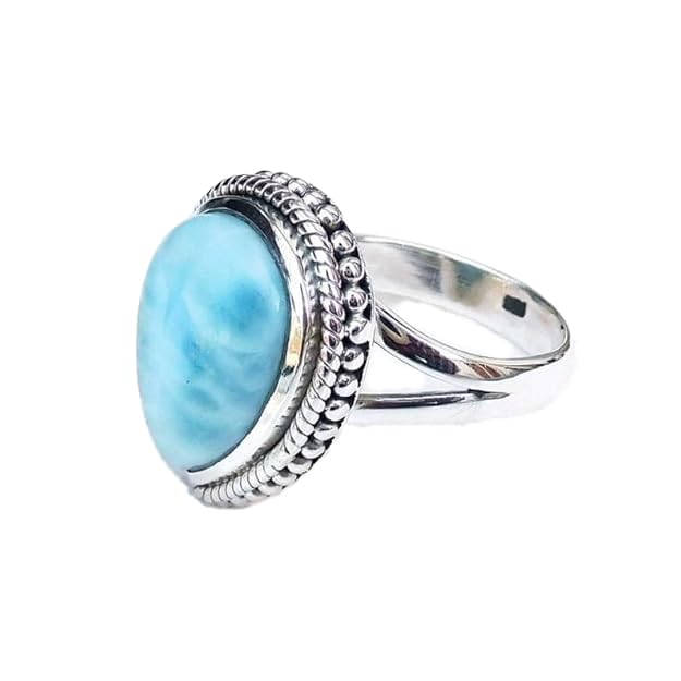 FULA JEWELS Natural Larimar Ring, 925 Sterling Silver Pear Shape Statement Ring, Handmade Gemstone Ring For Women, Tear Drop Silver Band Ring, Gift