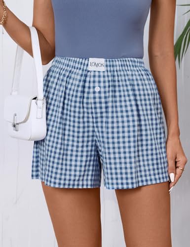 Image of LOMON Womens Boxer Shorts Casual Summer 2026 Pajama Lounge Sleep Pj Gingham Plaid Shorts Y2K Beach Bottoms