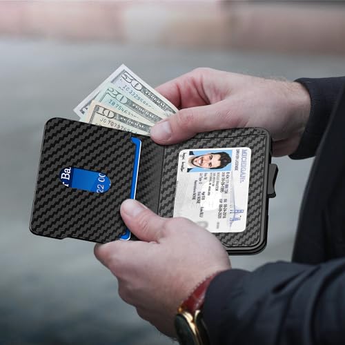 Wallet for Men - Pop Up Case, Cash Slot, and Credit Card Wallet - Slim Minimalist Aluminum Front Pocket Wallet with RFID Blocking/ID Window (Carbon Fiber)3