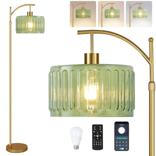 Image of QIYIZM Glass Floor Lamp for Living Room,Bedroom,Gold Dimmable Standing Lamp with Remote,Mid Century Modern Brass Tall Lamp Boho Vintage Retro Floor Lamps Arc Green Flower Floor Light Lamp Bohemian