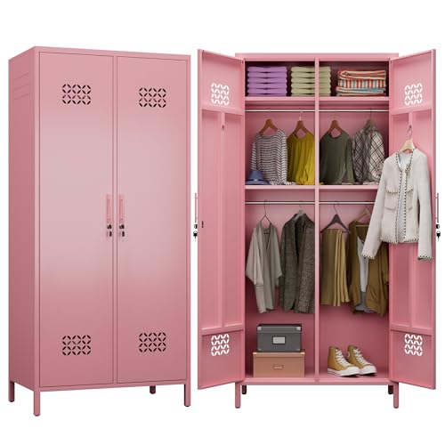 Image of Aobabo Metal Wardrobe Closet with 2 Doors, 19 inch Deep Metal Wardrobe Cabinet with 4 Adjustable Shelves and 2 Hannging Rods, Storage Locker for Home, Pink, Assembly Required