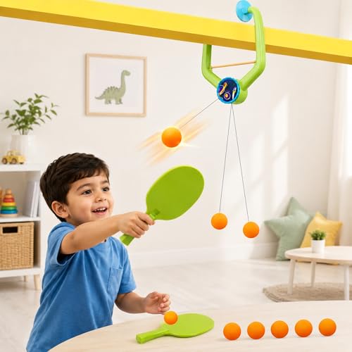 Image of Kidology Door Hanging Table Tennis Trainer for Kids | Indoor Ping Pong Game Set with 2 Rackets and 6 Balls | Fun Sports Toy for Boys and Girls Ages 3+ | Safe Non-Toxic Indoor Play Activity