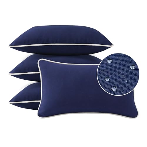 Decorative Outdoor Water Repellent Throw Pillows with Inserts, Set of 4, 20" x12" Pillows for Patio, Backyard, Bed, Couch, and Patio Furniture, Navy