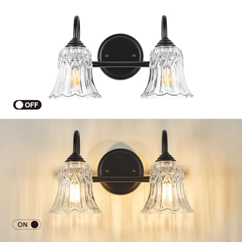 Image of Vintage Farmhouse Vanity Wall Sconce Lighting, 2-Light Matte Black Bathroom Vanity Light Over Mirror with Flower Glass Shade, 14.6 inch Retro Wall Lamp for Hallway Bedroom Living Room